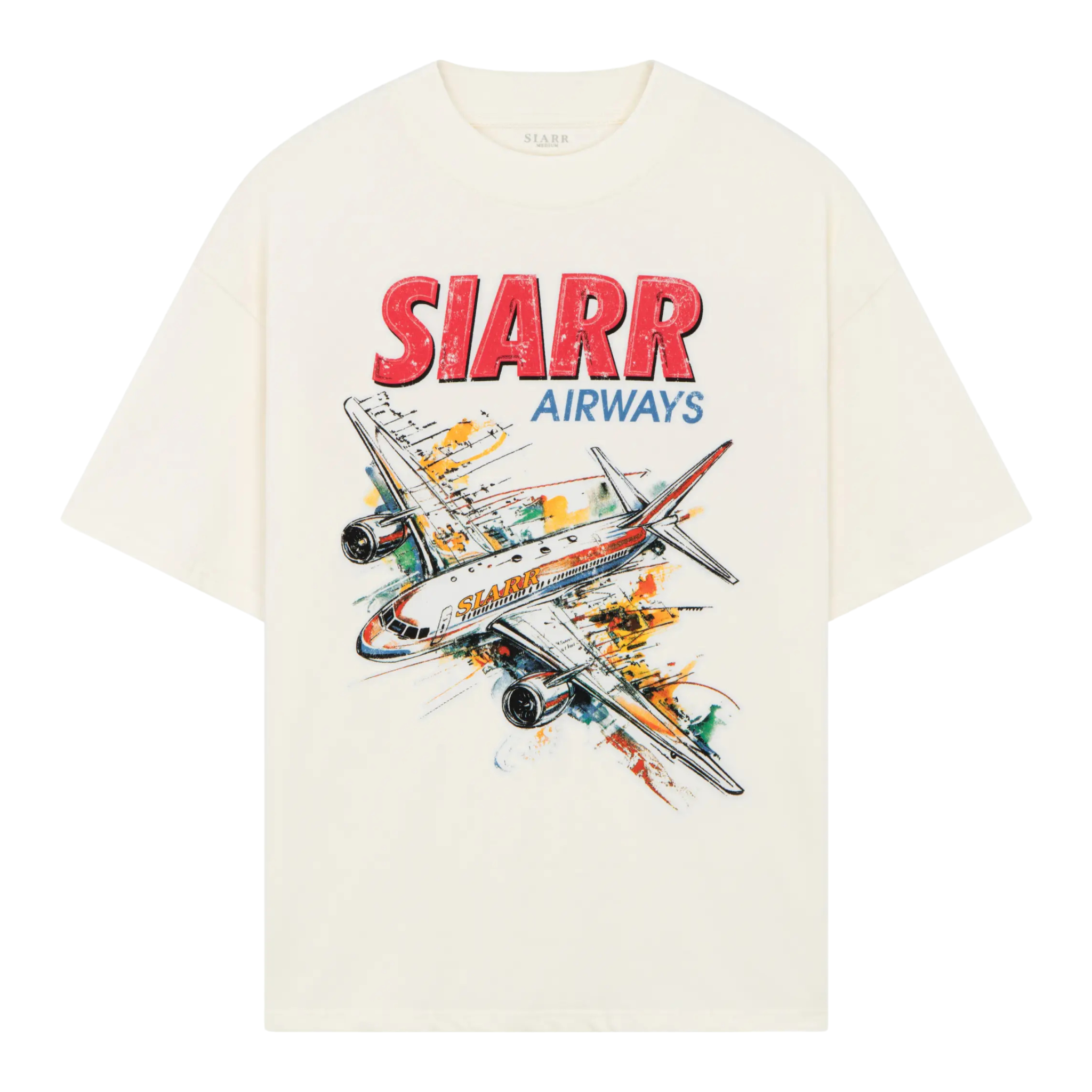 Siarr Aeroplane Tee oversized white cotton t-shirt with ribbed neck and colorful airplane screen print