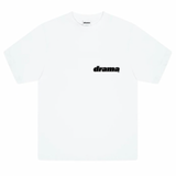 White Drama Call Staff Tee with black "drama" text on the chest