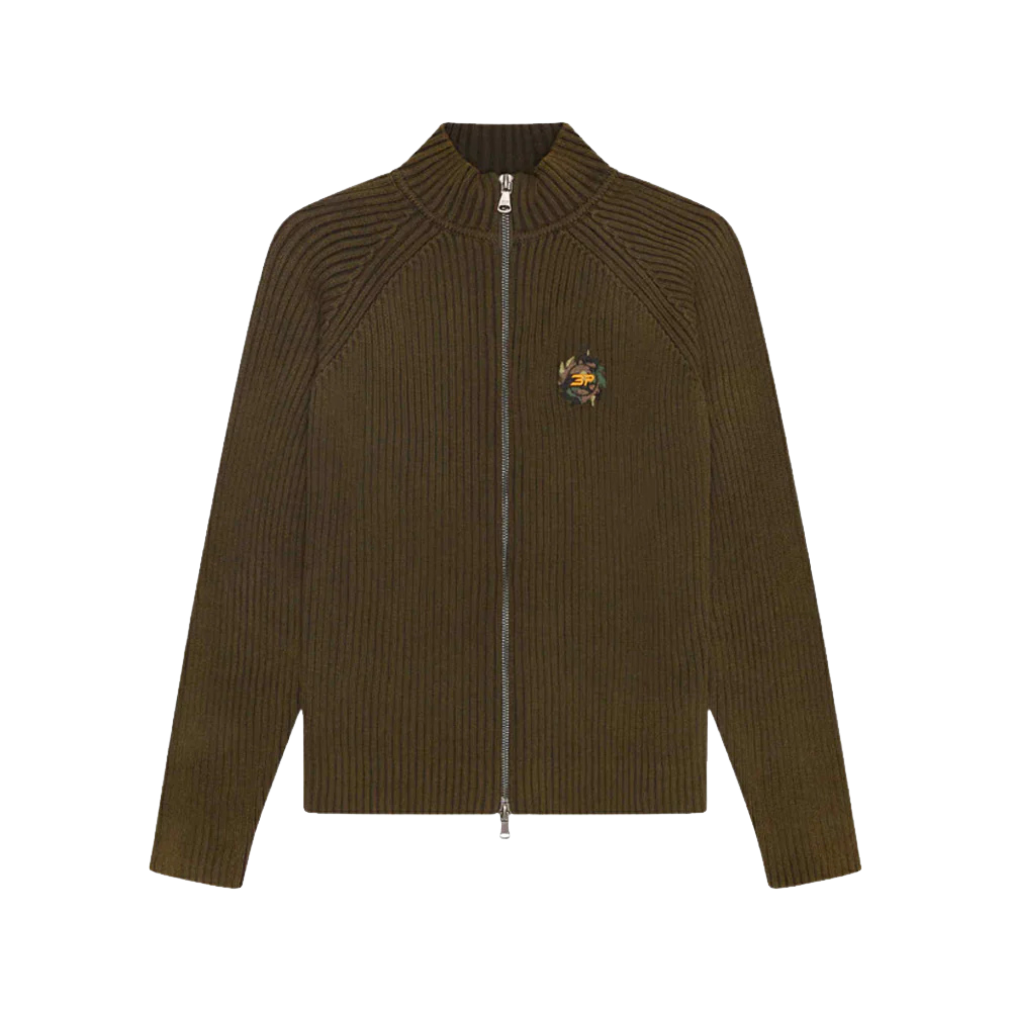 Broken Planet ribbed zip-up jacket in washed brown with high collar and logo embroidery
