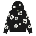 Denim Tears black cotton zip hoodie with white wreath prints and front pockets
