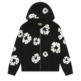 Denim Tears black cotton zip hoodie with white wreath prints and front pockets