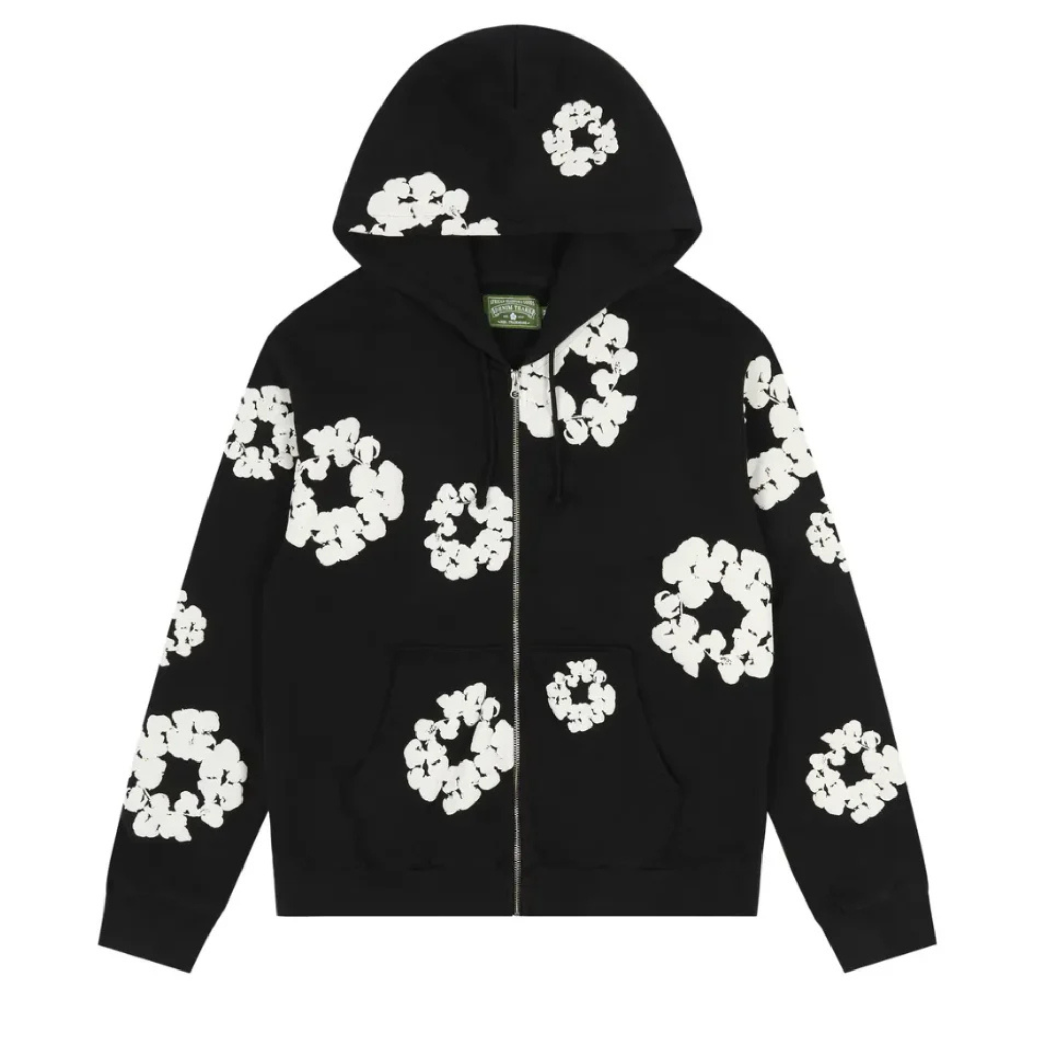 Denim Tears black cotton zip hoodie with white wreath prints and front pockets