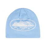 Baby blue Corteiz Allstarz Skully beanie hat with white cloud design