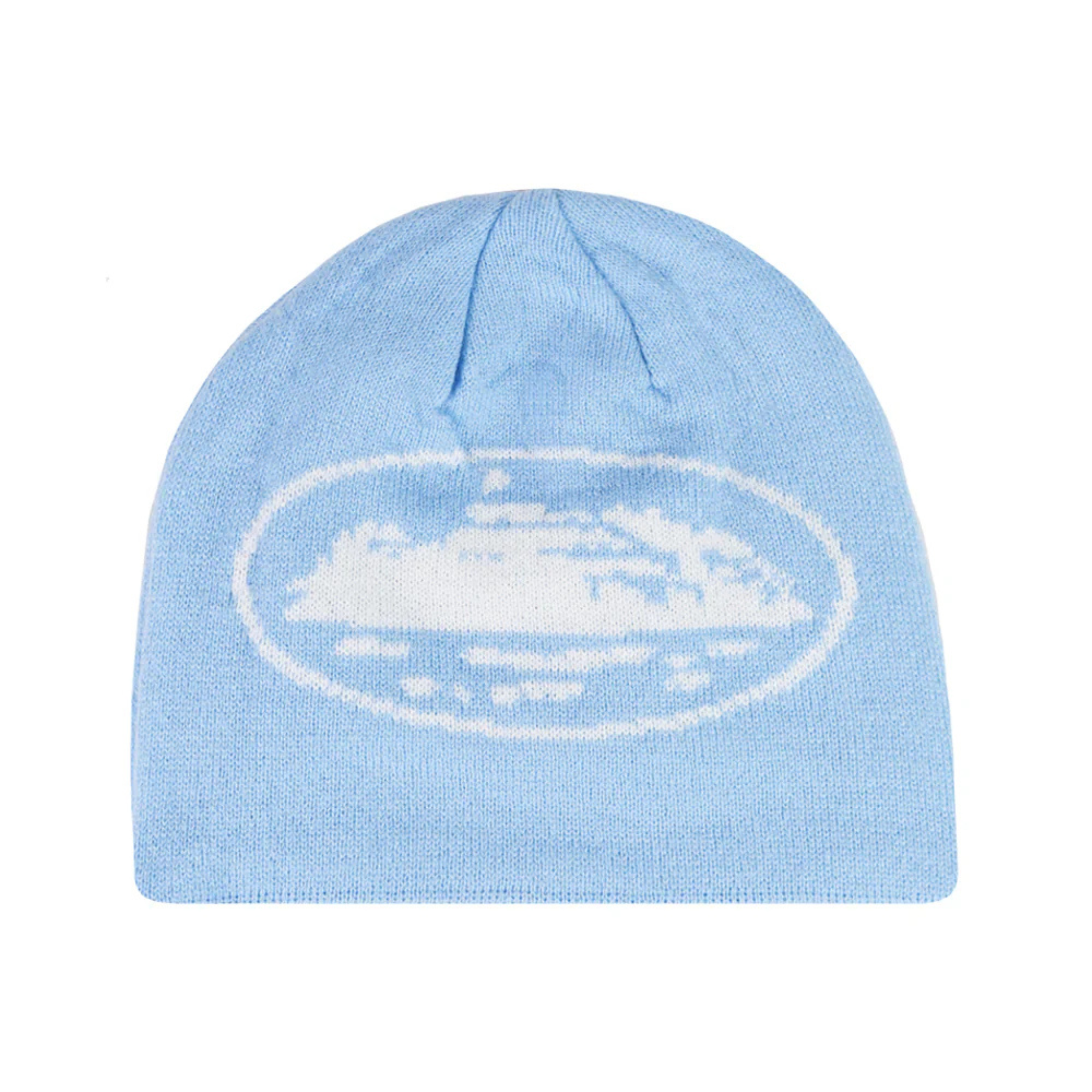 Baby blue Corteiz Allstarz Skully beanie hat with white cloud design