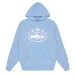 Baby blue Corteiz 5 Starz Alcatraz hoodie with white graphic and front pocket