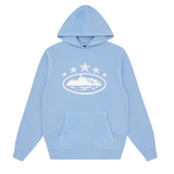 Baby blue Corteiz 5 Starz Alcatraz hoodie with white graphic and front pocket