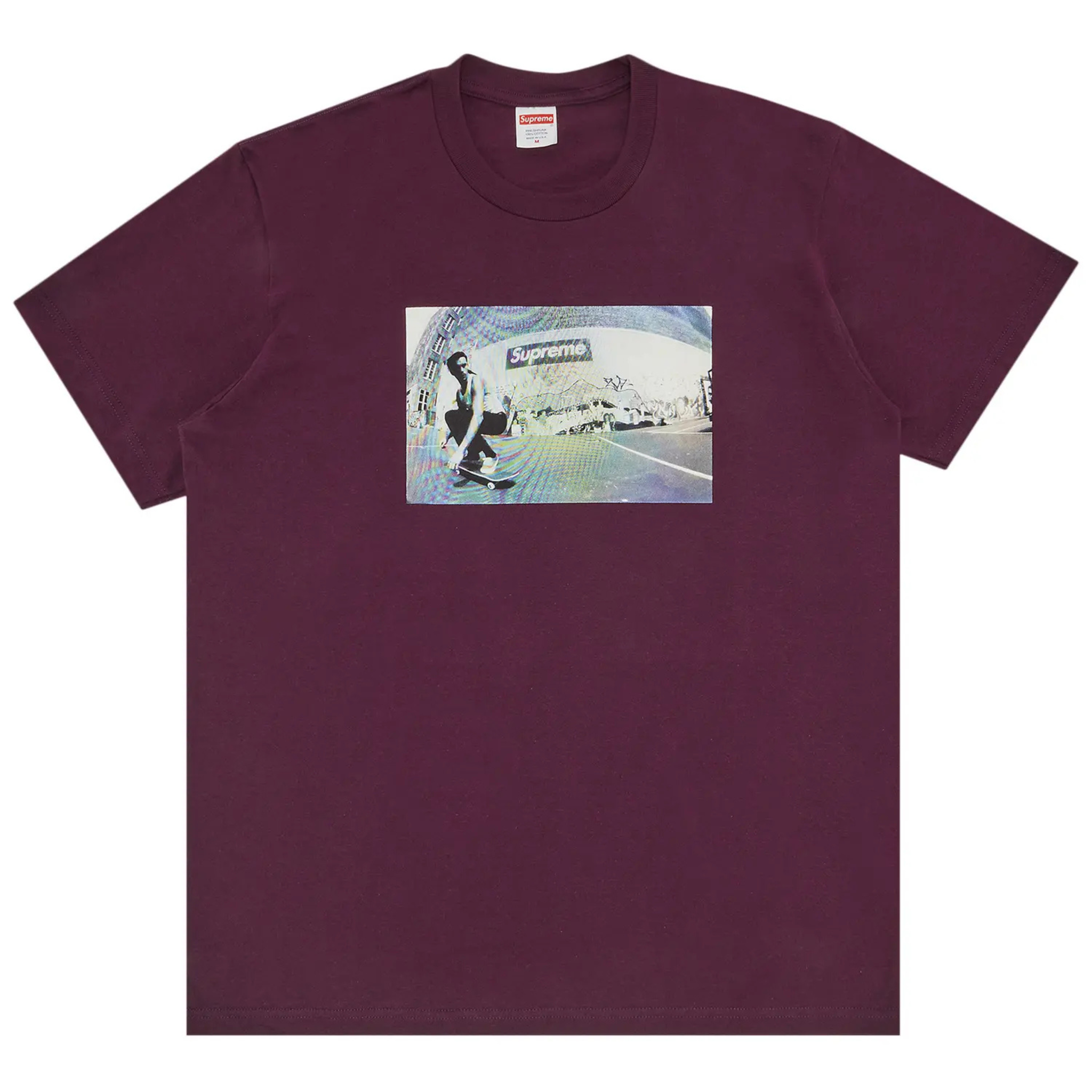 Supreme Dylan Tee in eggplant with skateboarding graphic print on front