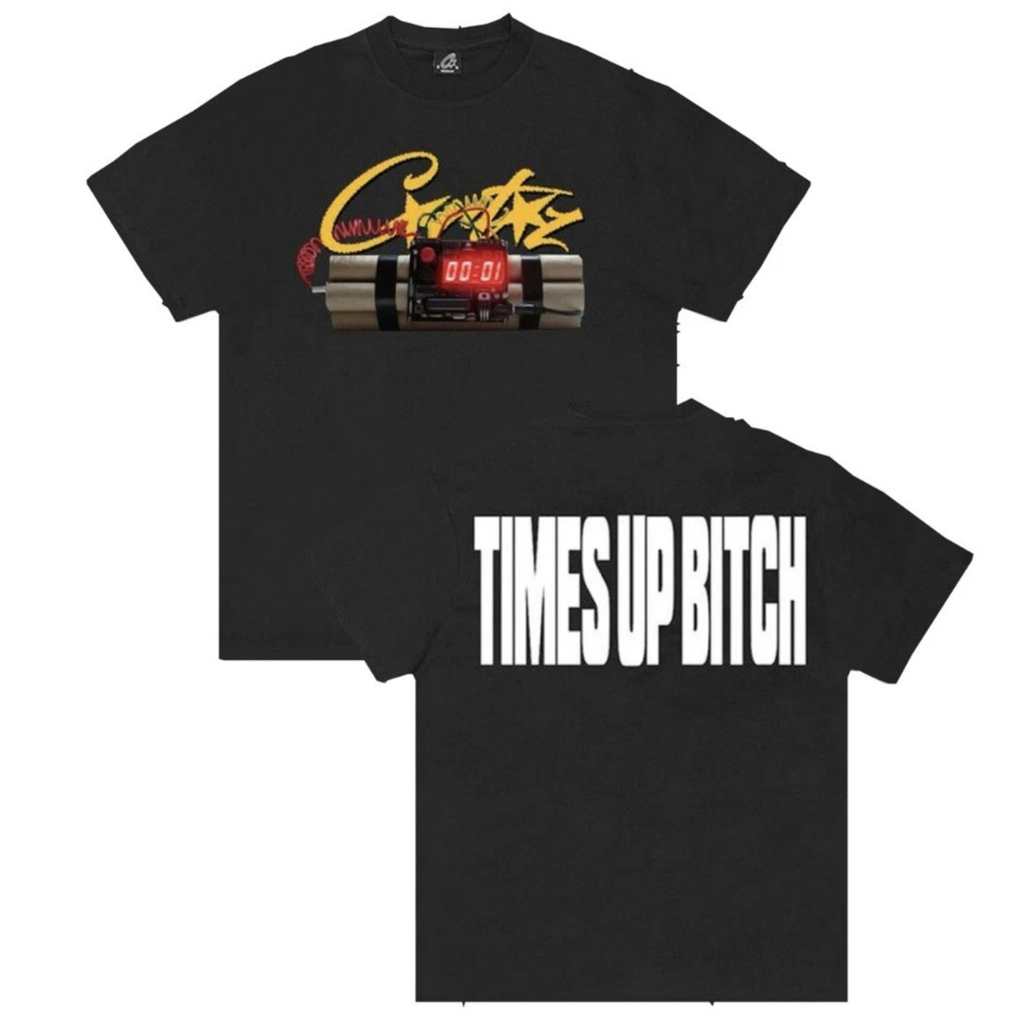 Corteiz Time Bomb Tee black t-shirt with graphic bomb design on front and "TIMES UP BITCH" text on back