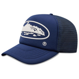 Navy Corteiz Alcatraz Trucker Hat with mesh back and white logo design