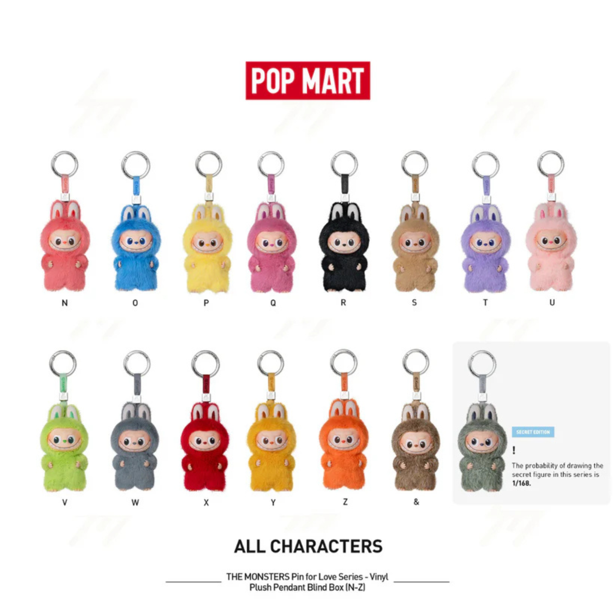 POP MART LABUBU Vinyl Plush Pendant Blind Box Keychains in Multiple Colors from Love Series N-Z