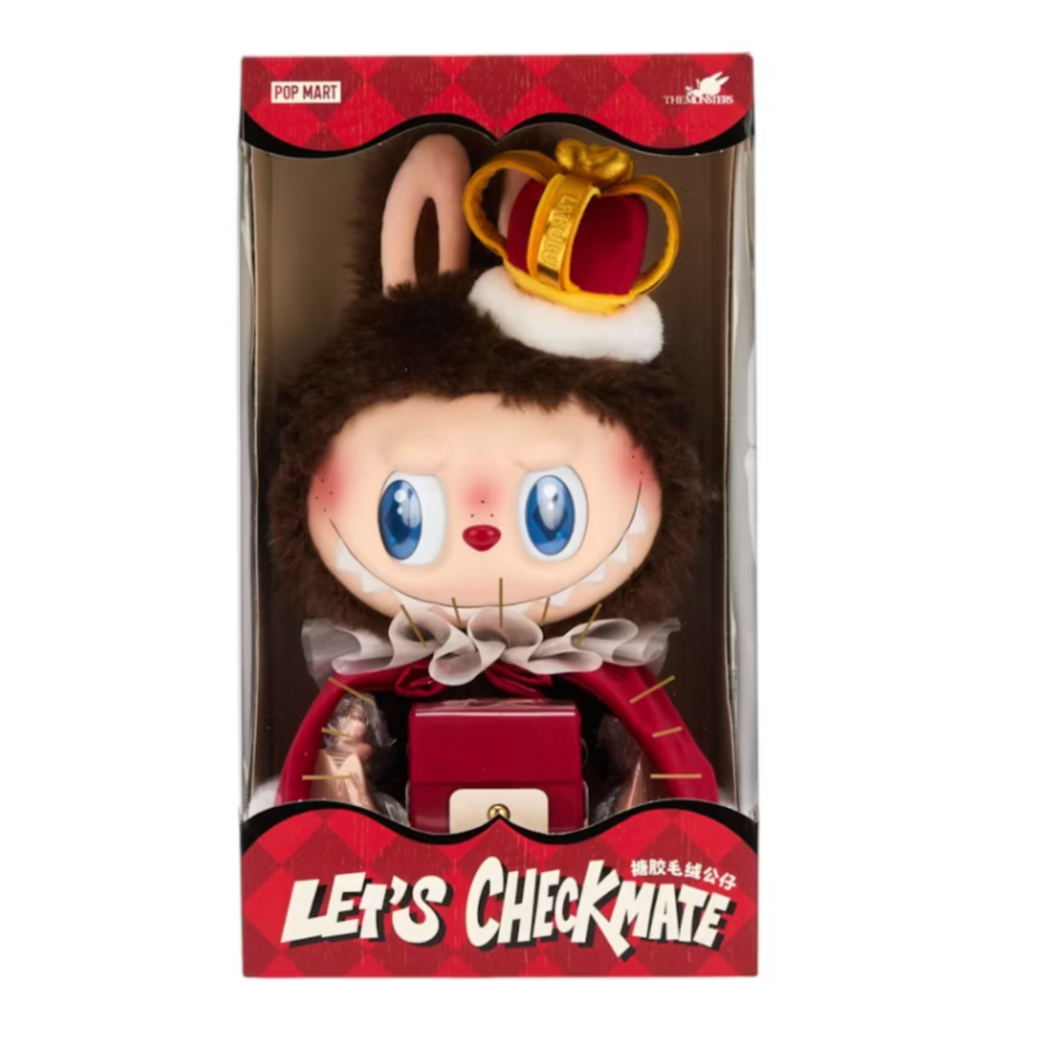 Pop Mart Labubu The Monsters Let's Checkmate Series vinyl plush doll in packaging with crown and red outfit