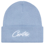 Corteiz Allstarz baby blue knit beanie with white embroidered logo