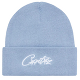 Corteiz Allstarz baby blue knit beanie with white embroidered logo