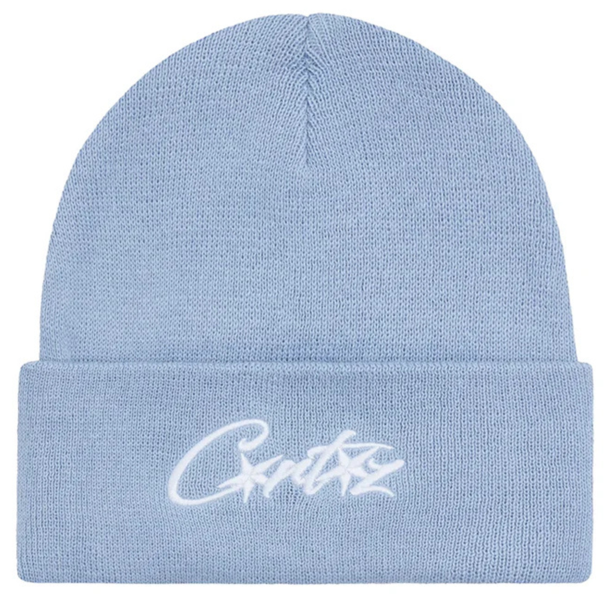 Corteiz Allstarz baby blue knit beanie with white embroidered logo