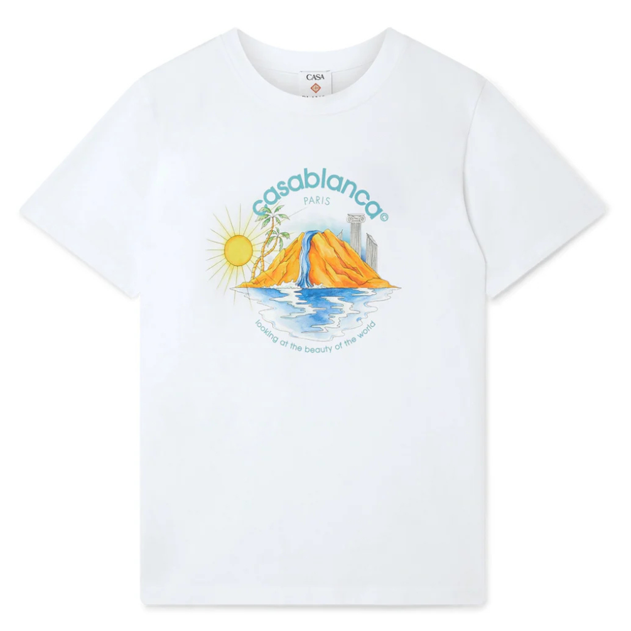 White Casablanca Oasis T-Shirt with mountain, sun, and water graphic design