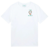 Casablanca Rainbow Mushroom white t-shirt with small colorful mushroom logo on chest