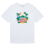 White Casablanca Beach wave graphic t-shirt with palm trees and sun design