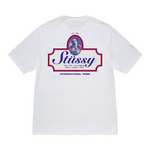 White Stussy Authentic Tee with graphic logo on back and international cities text