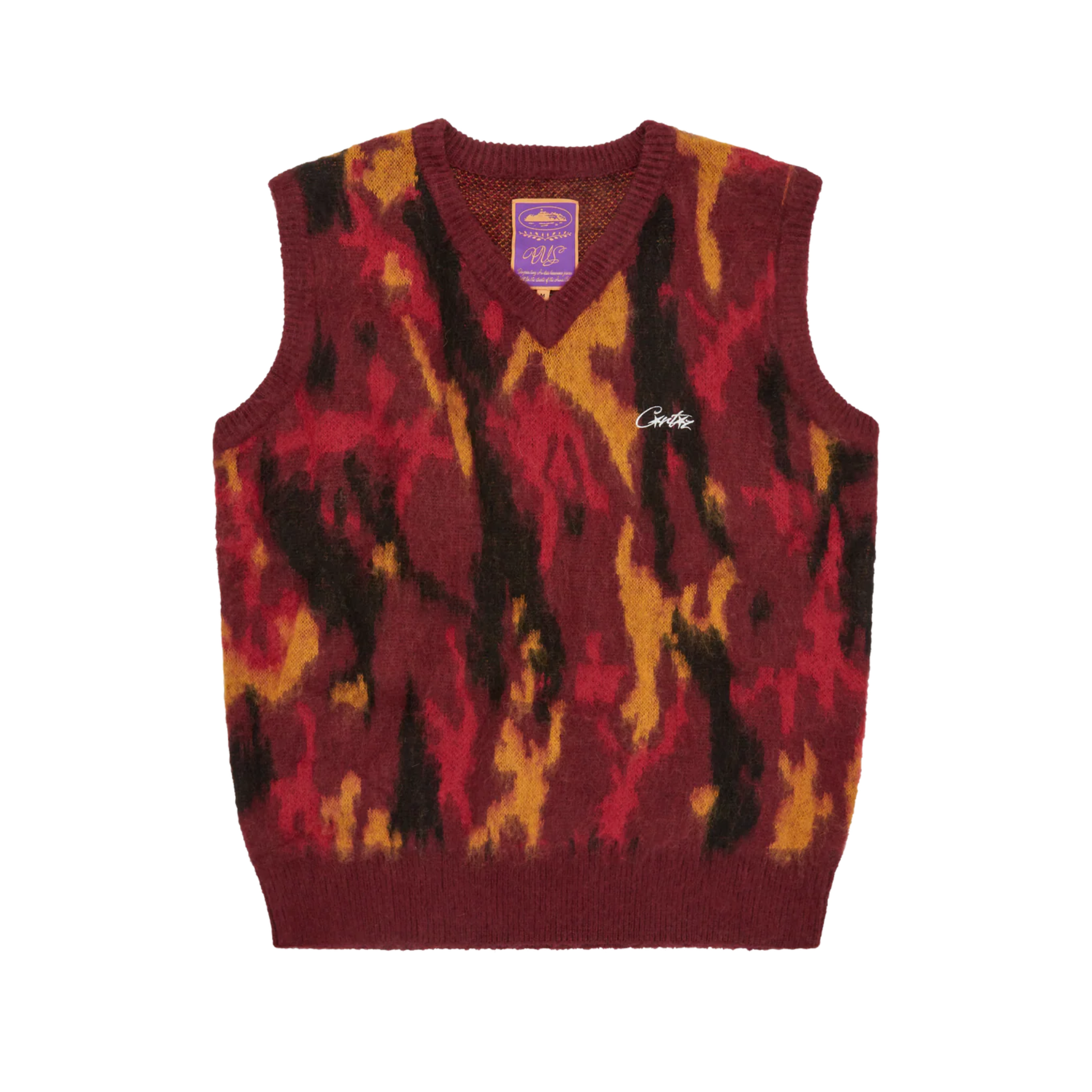 Corteiz Mohair Knit Vest in red, yellow, and black camo pattern with V-neck and logo embroidery