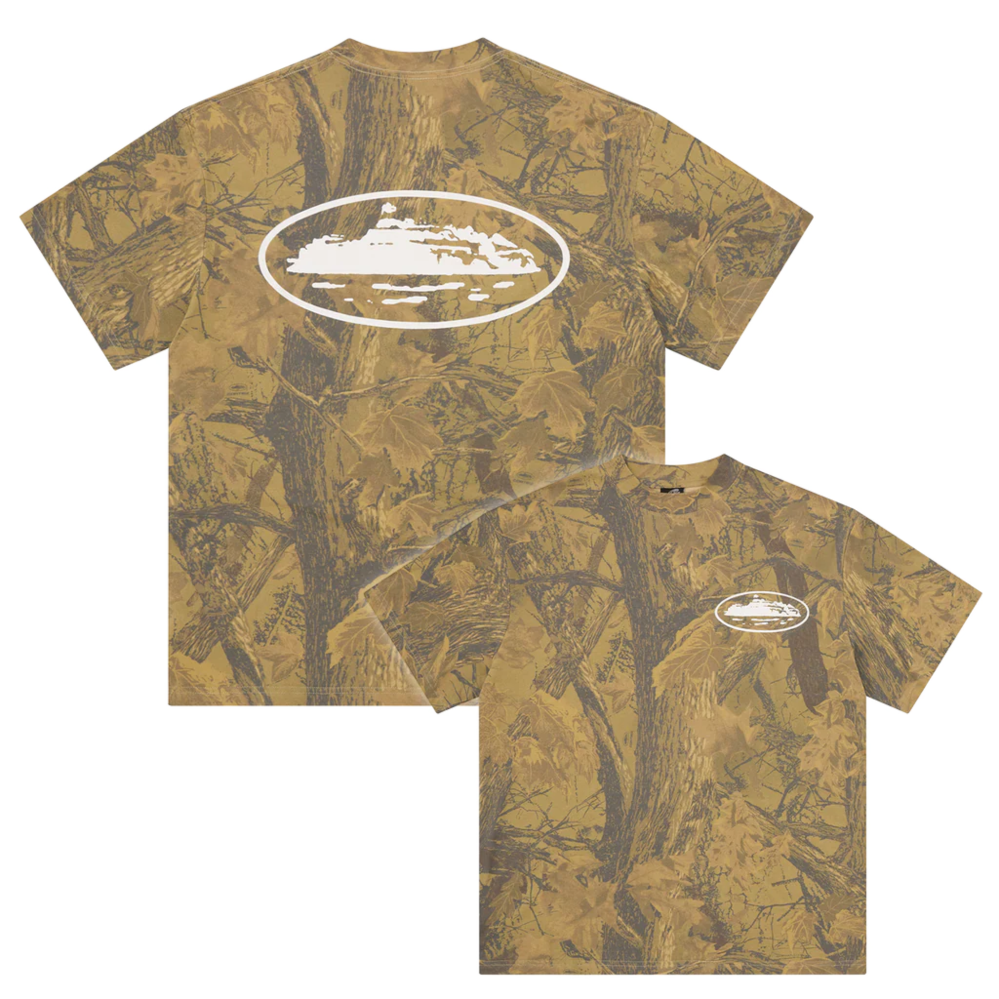 Corteiz OG Island Tee forest camo t-shirt with white island logo on front and back