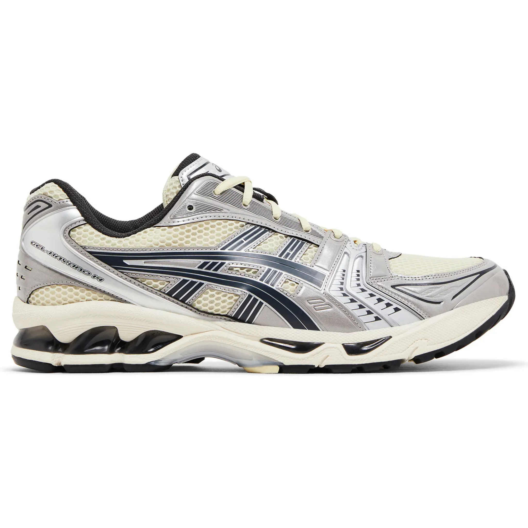 ASICS Gel Kayano 14 running shoe in oyster white and steeple grey side view