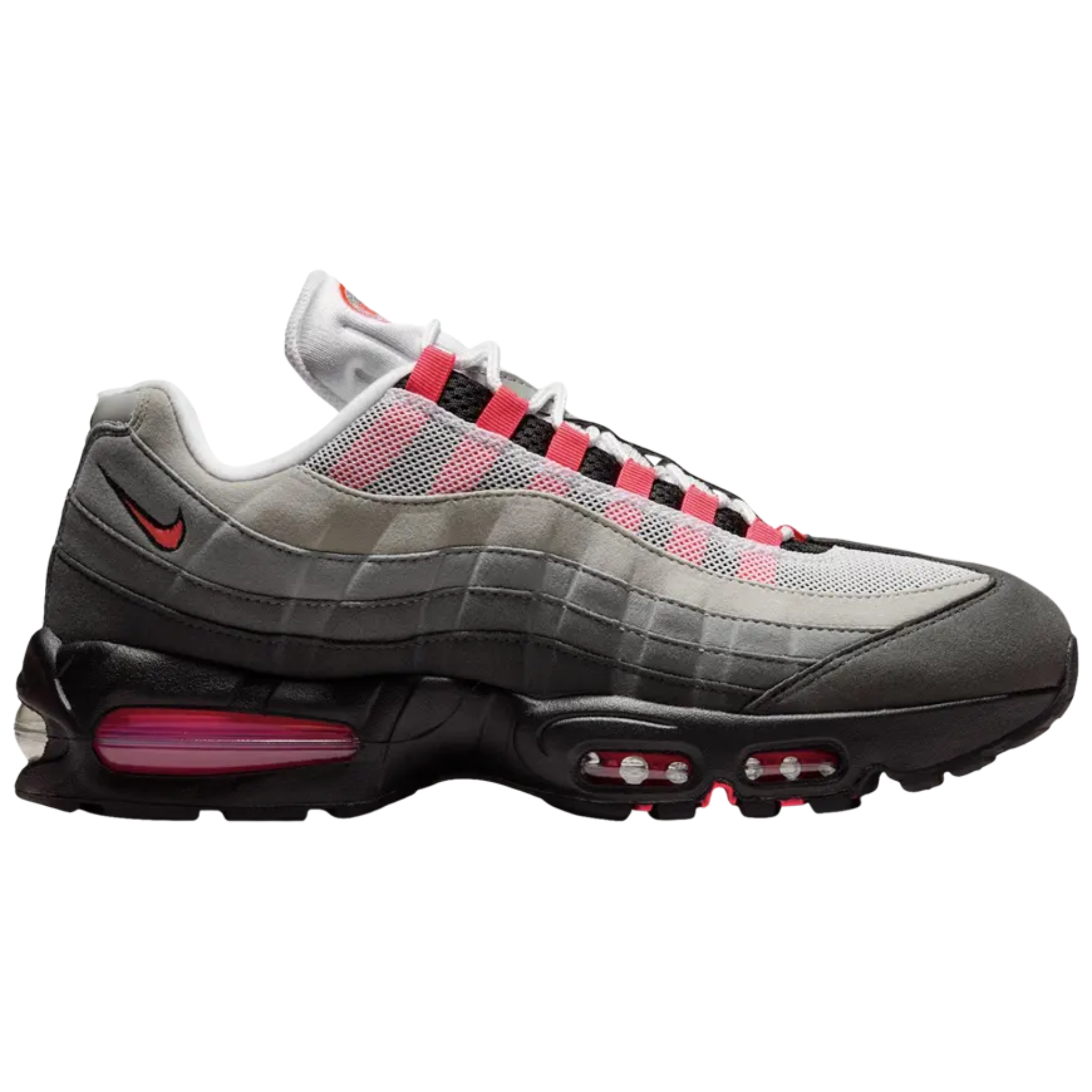 Nike Air Max 95 OG Big Bubble Solar Red sneaker side view with black, gray, and red accents