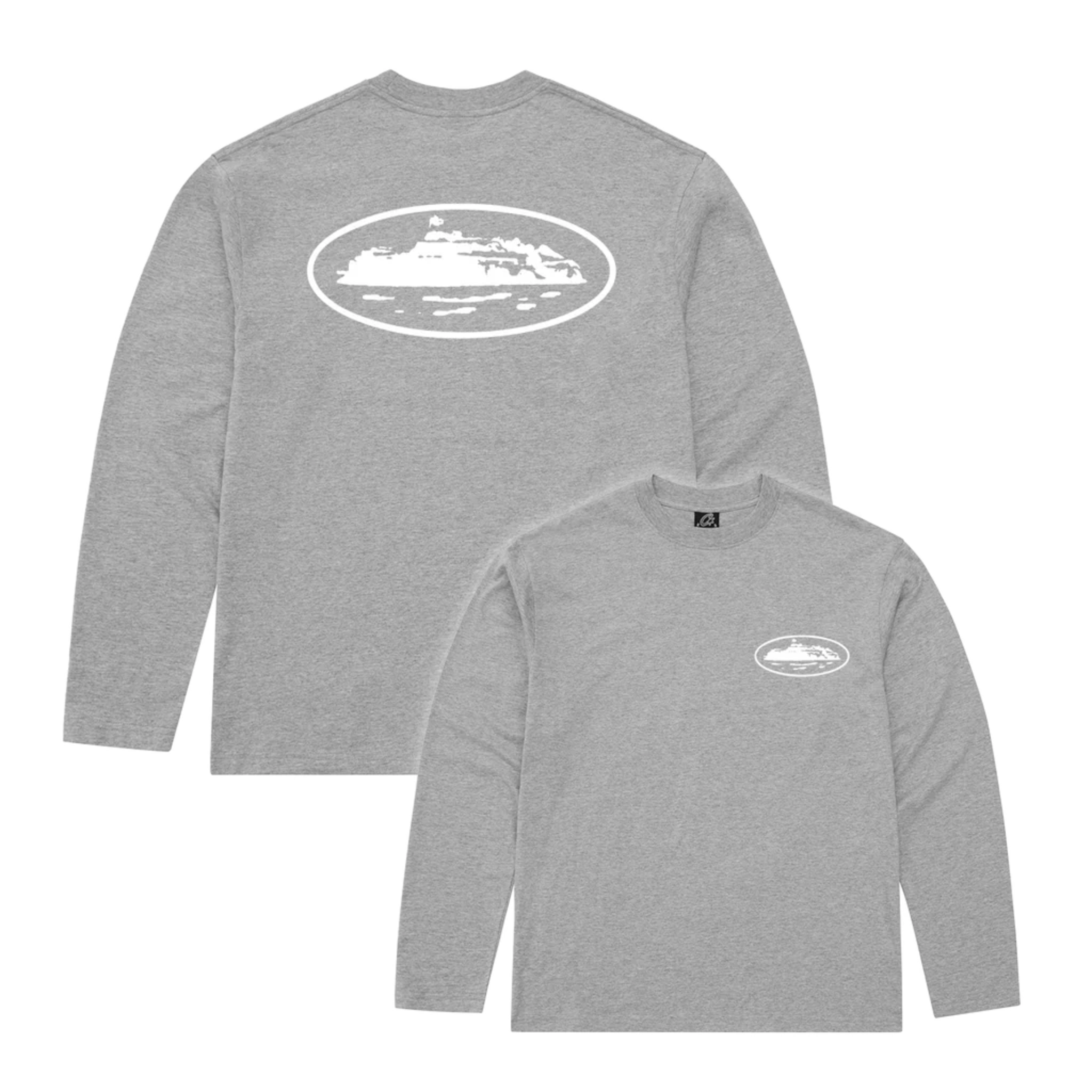 Corteiz OG Island grey longsleeve tee with white island graphic on front and back