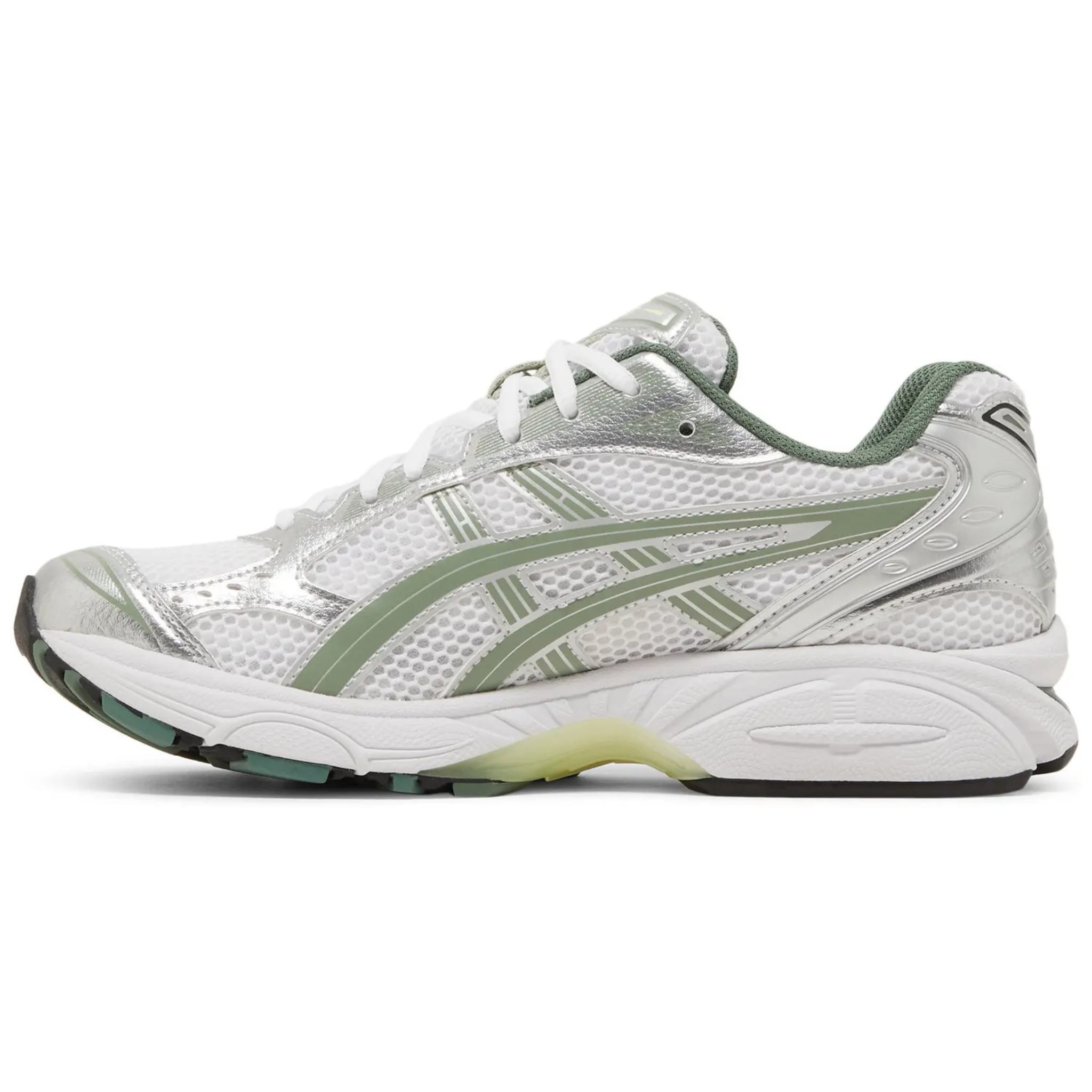 ASICS Gel Kayano 14 running shoe in pure silver and slate grey side view