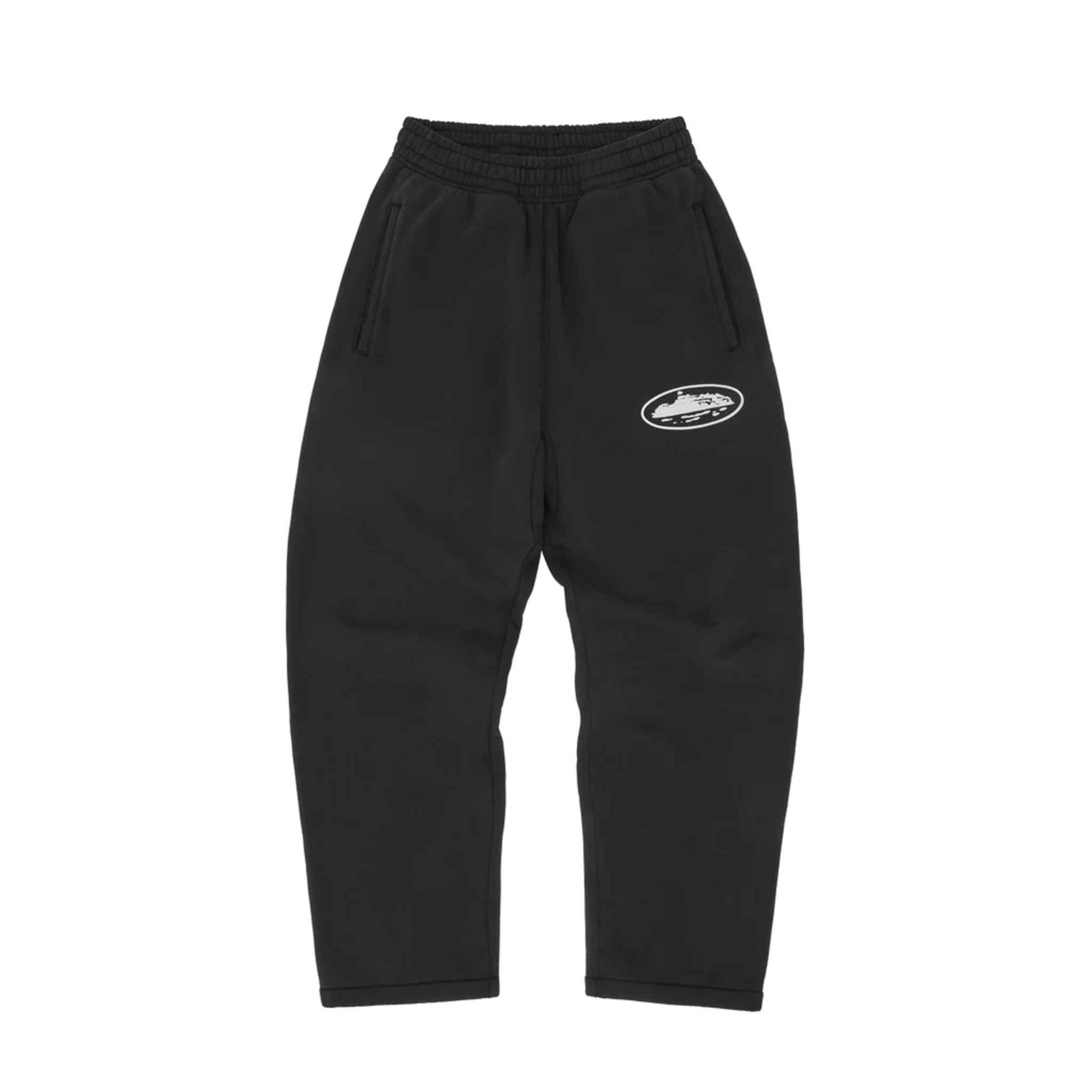 Corteiz Island Puff black sweatpants with printed logo on thigh