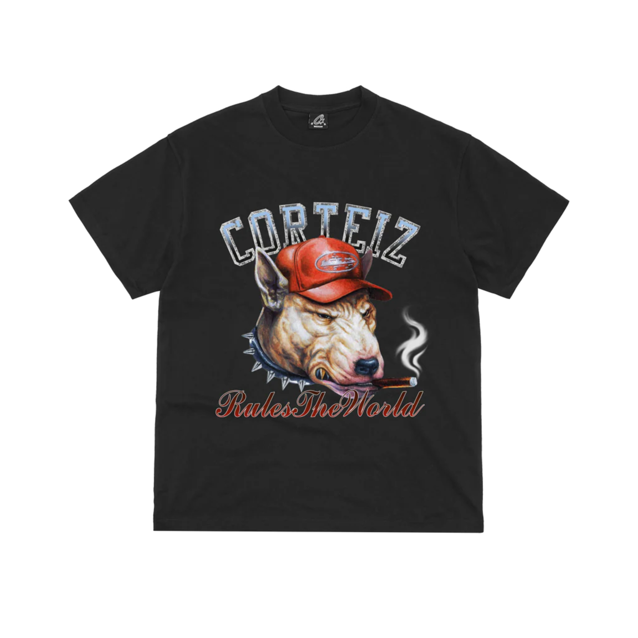 Black Corteiz Dog Pound Tee with graphic of dog wearing red cap smoking cigar and "Rules The World" text