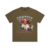 Corteiz Dog Pound Tee khaki shirt with graphic dog and cigar design