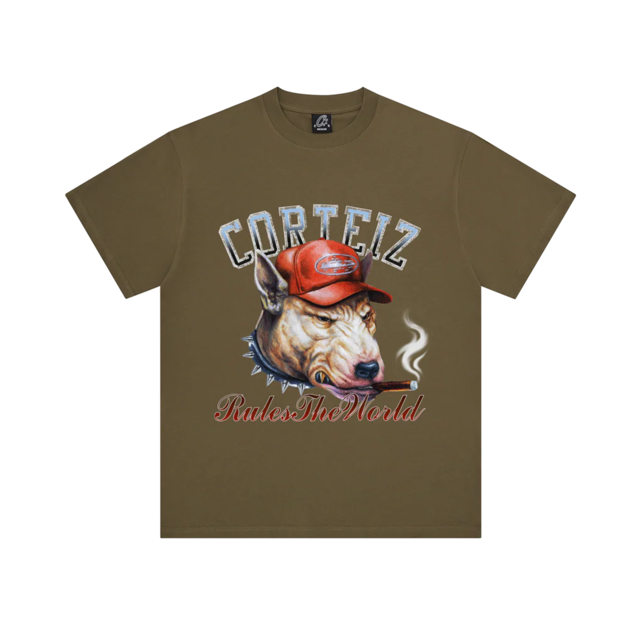Corteiz Dog Pound Tee khaki shirt with graphic dog and cigar design