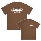 Corteiz OG Island Tee brown t-shirt with white island graphic on front and back