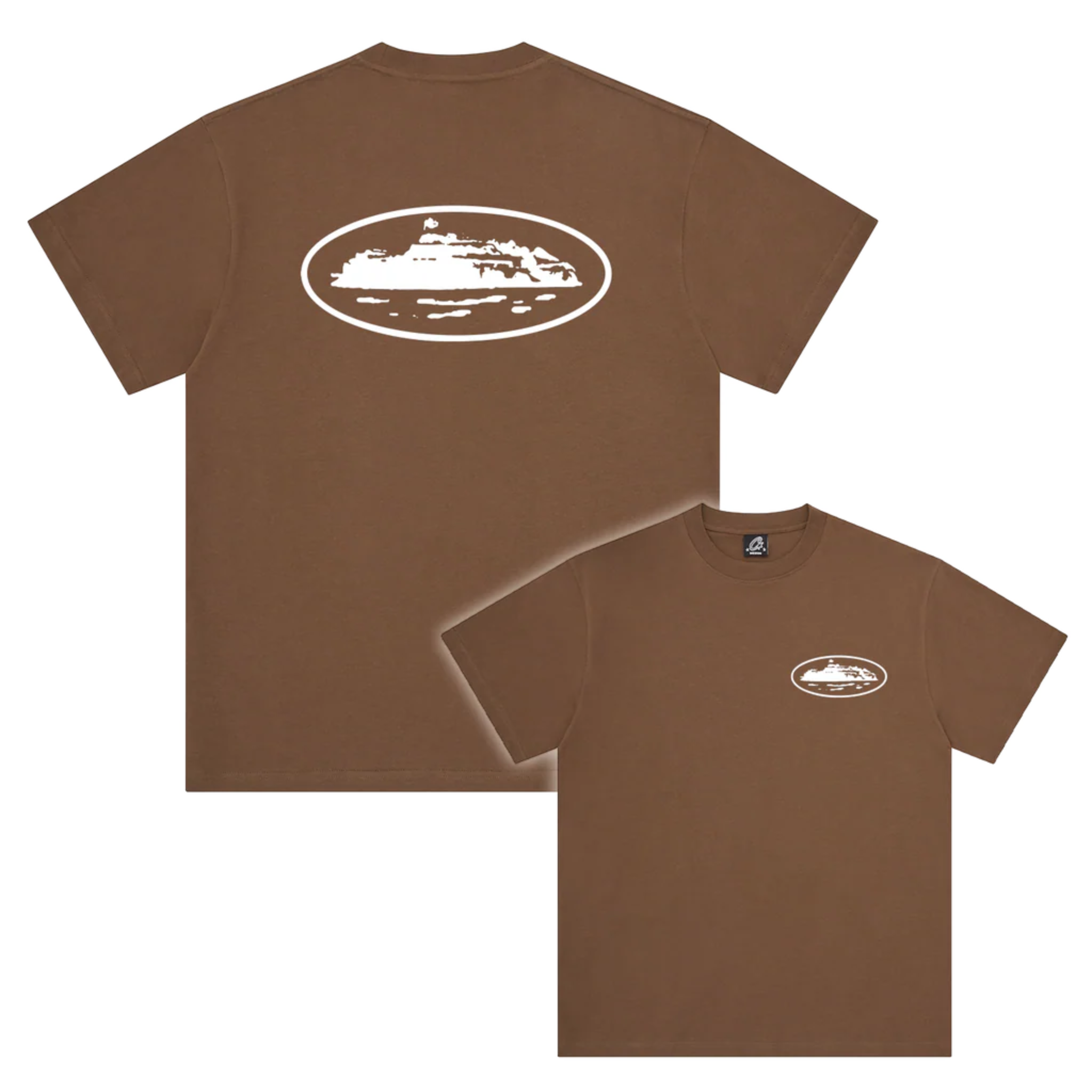 Corteiz OG Island Tee brown t-shirt with white island graphic on front and back