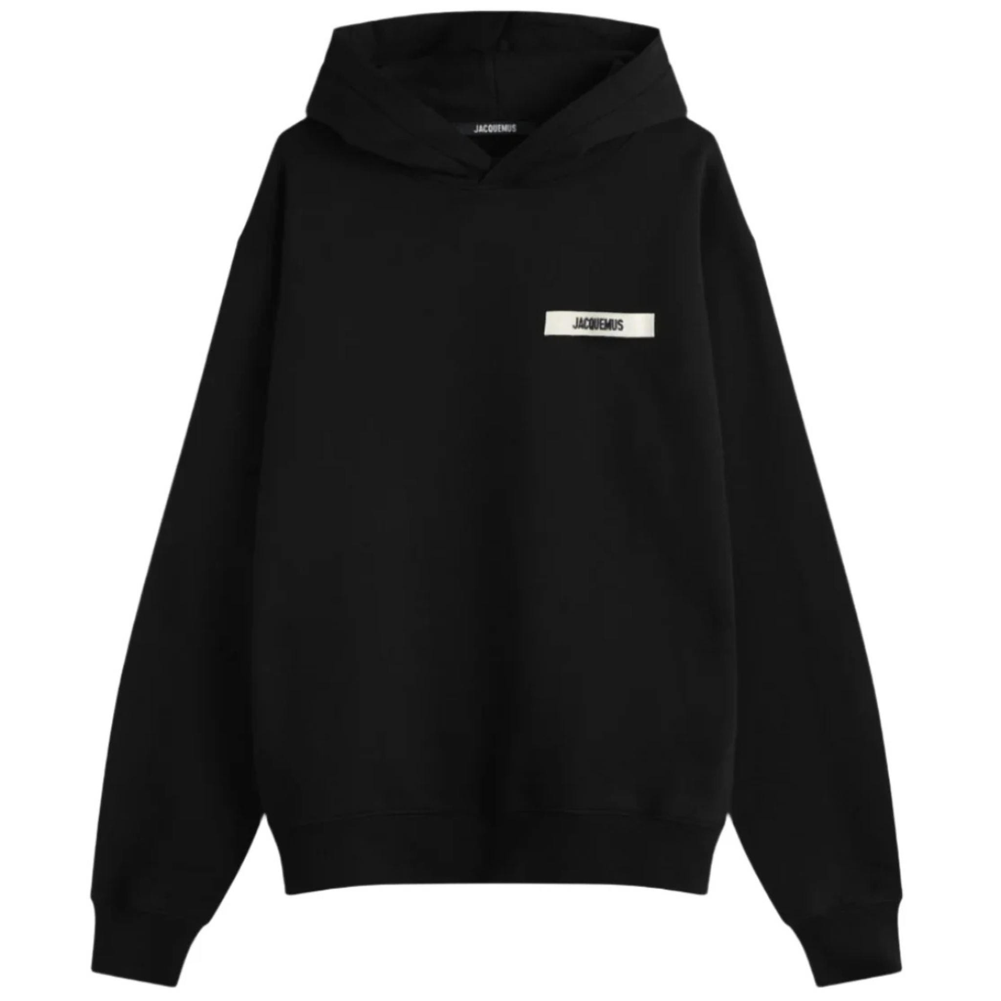 Black Jacquemus Gros Grain logo hoodie with front patch and hood.