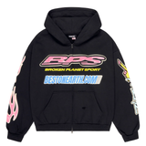 Broken Planet Fast Boyz black hoodie with bold graphic prints and front zipper