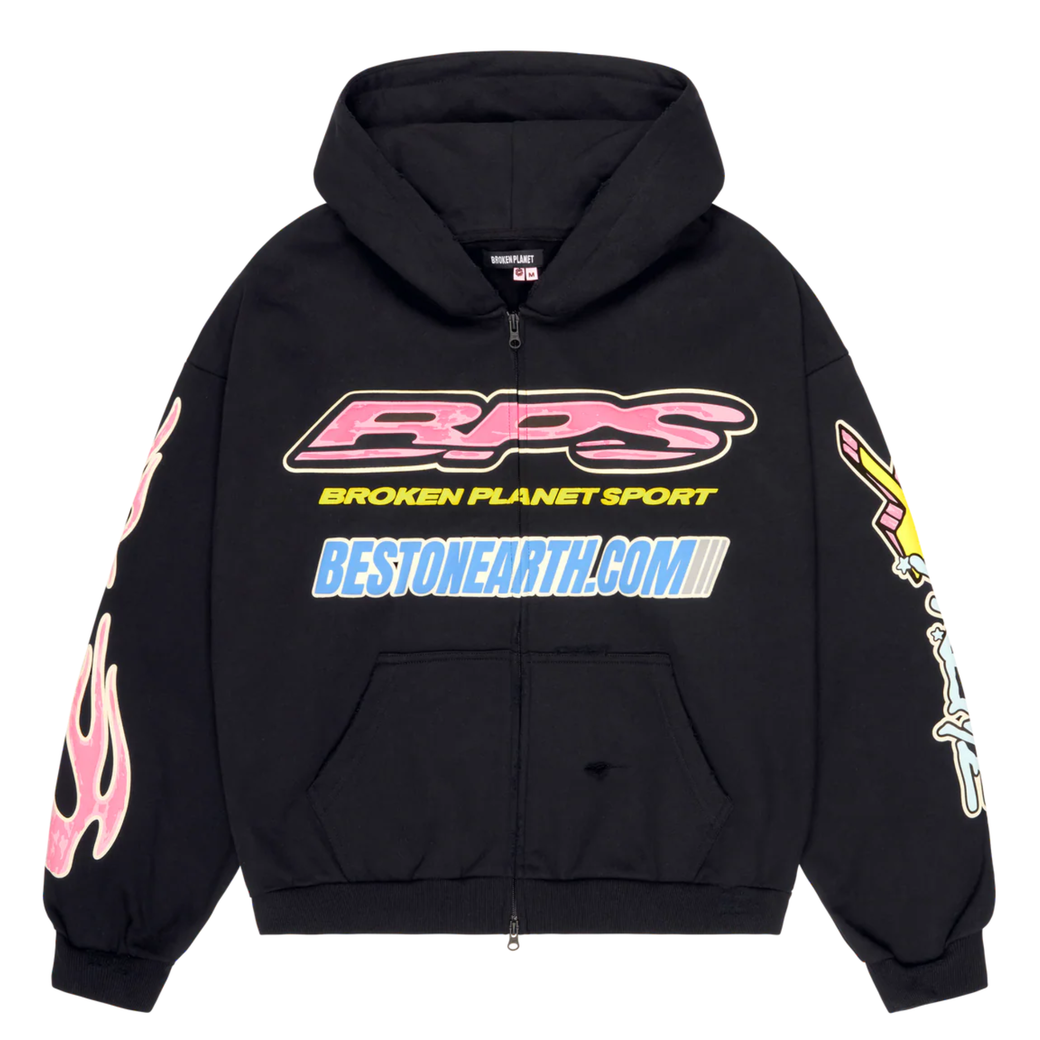 Broken Planet Fast Boyz black hoodie with bold graphic prints and front zipper