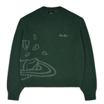 Forest green Broken Planet Knit Sweater with abstract planet design and crew neck.