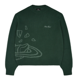 Forest green Broken Planet Knit Sweater with abstract planet design and crew neck.