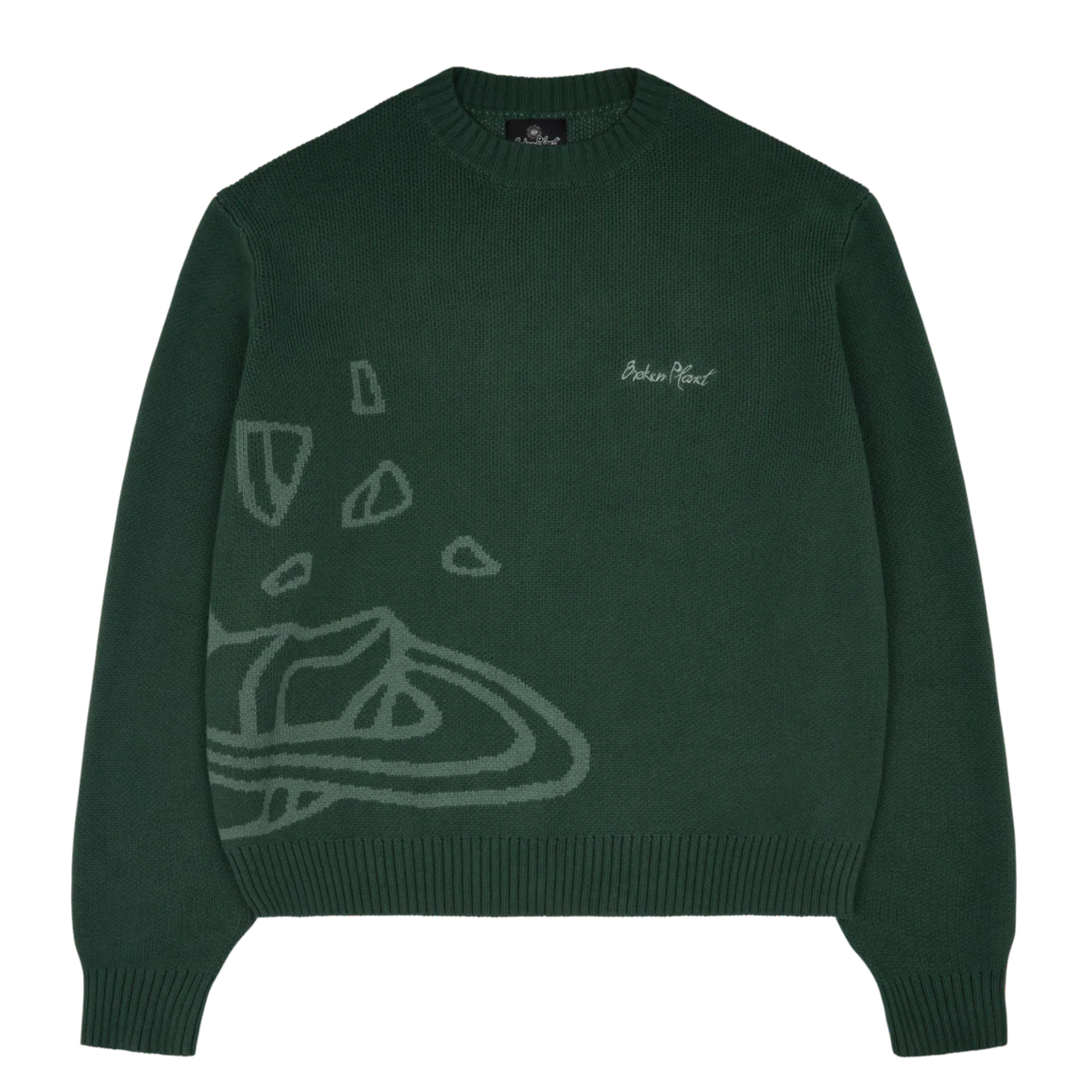 Forest green Broken Planet Knit Sweater with abstract planet design and crew neck.