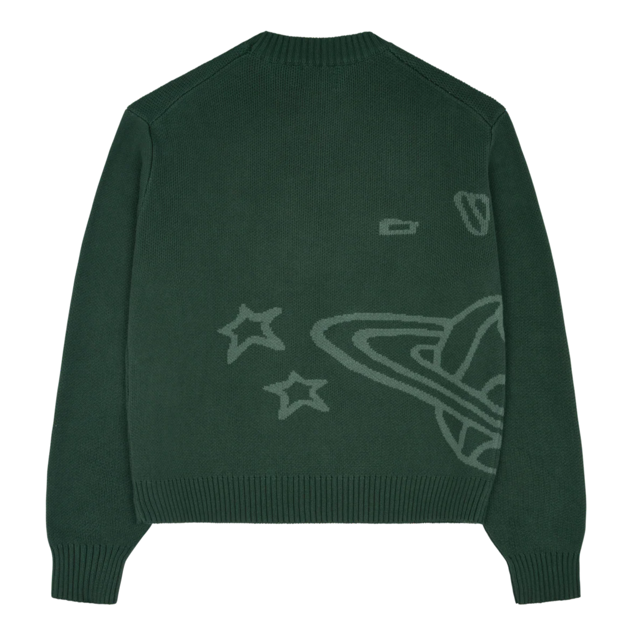 Forest green Broken Planet knit sweater with space design on back
