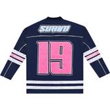 Suavo World Eagle navy mesh jersey longsleeve with pink number 19 and stripes