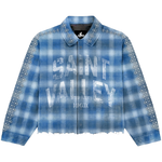 Suavo World Saint Valley blue flannel shirt with studded details and distressed hem