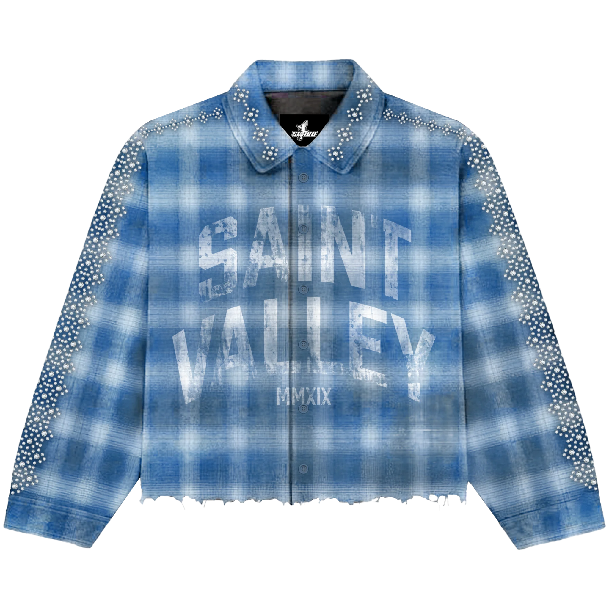 Suavo World Saint Valley blue flannel shirt with studded details and distressed hem