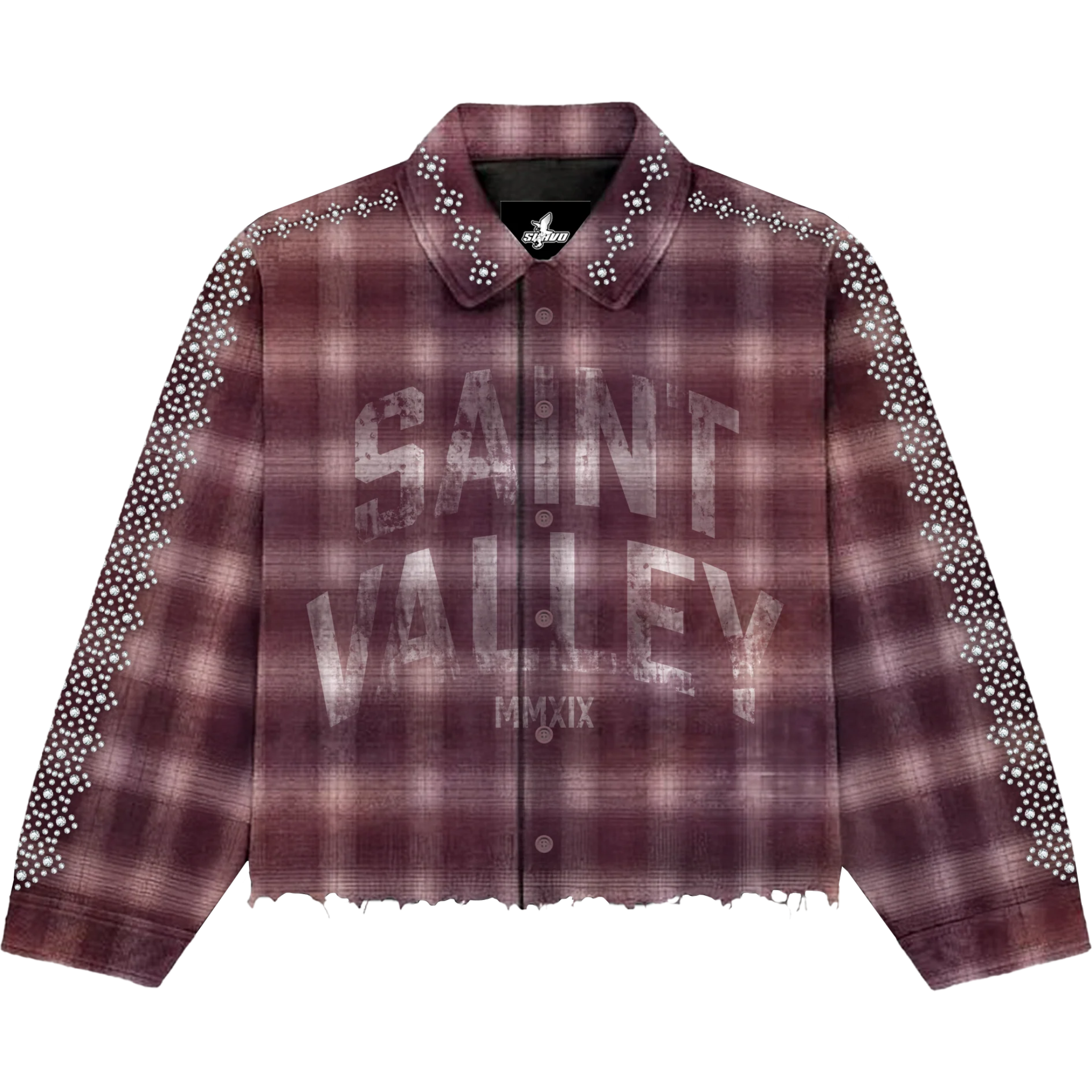 Suavo World maroon Saint Valley flannel jacket with plaid and studded sleeves