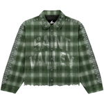 Suavo World Saint Valley green flannel jacket with white dot pattern on sleeves and distressed hem