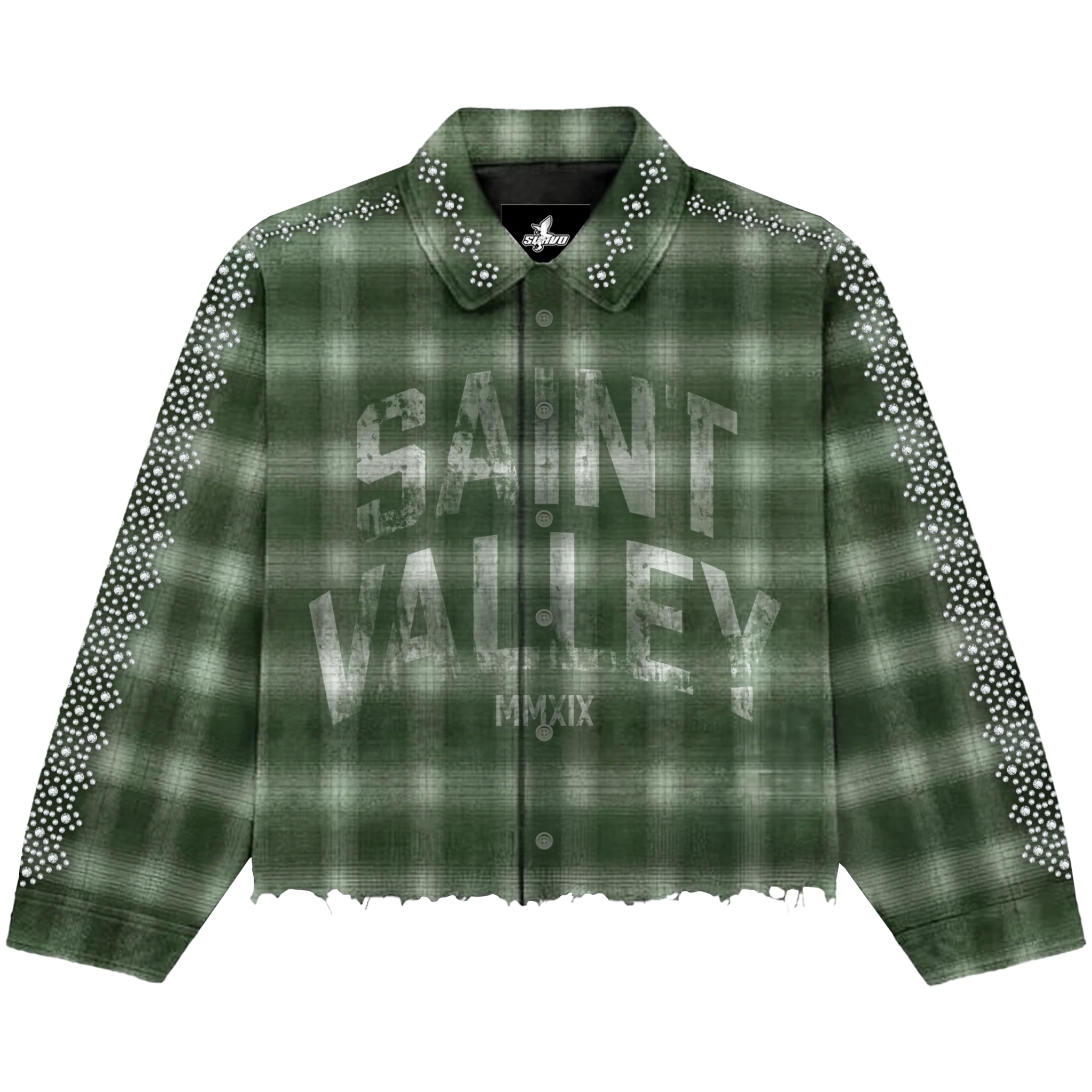 Suavo World Saint Valley green flannel jacket with white dot pattern on sleeves and distressed hem