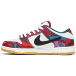 Parra x Dunk Low Pro SB sneaker with abstract red, blue, and pink art design and black Nike swoosh