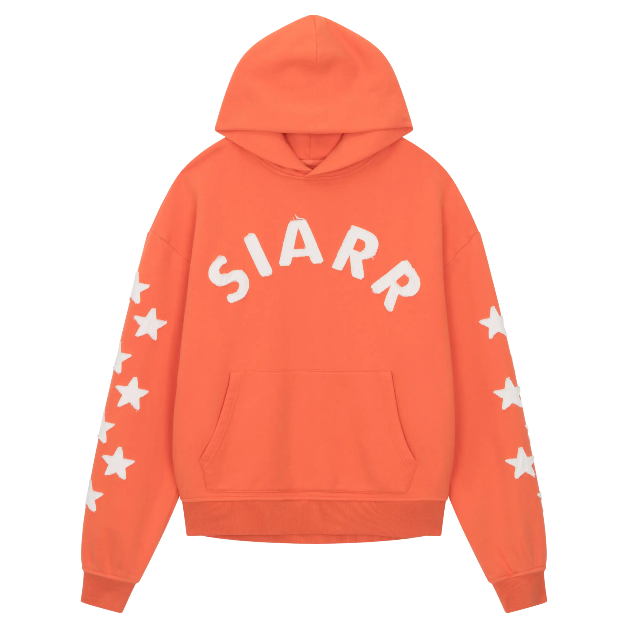 Orange Siarr Applique Hoodie with pullover hood, kangaroo pocket, and star print sleeves, made of 100% cotton.