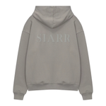 Siarr Puff Hoodie in dove grey with puff print logo on back, pullover style, kangaroo pocket, and ribbed cuffs.